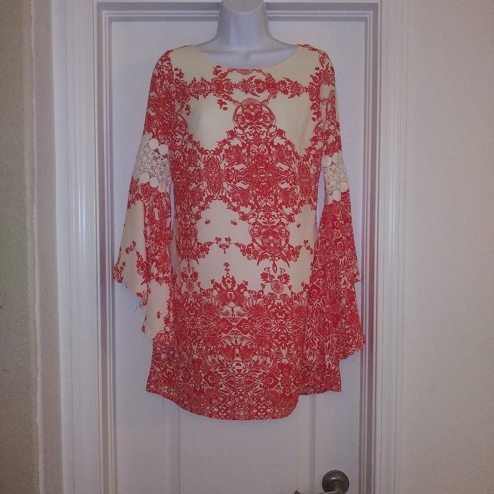 Aggie Floral Bell Sleeve Red And Ivory Dress